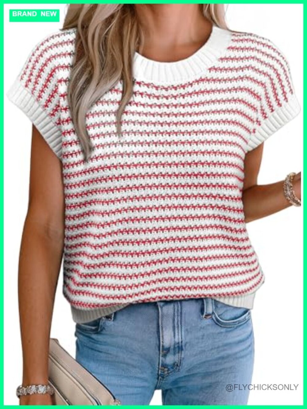 Women's Striped Sweater Vest Cap Sleeve Pullover Lightweight Knit